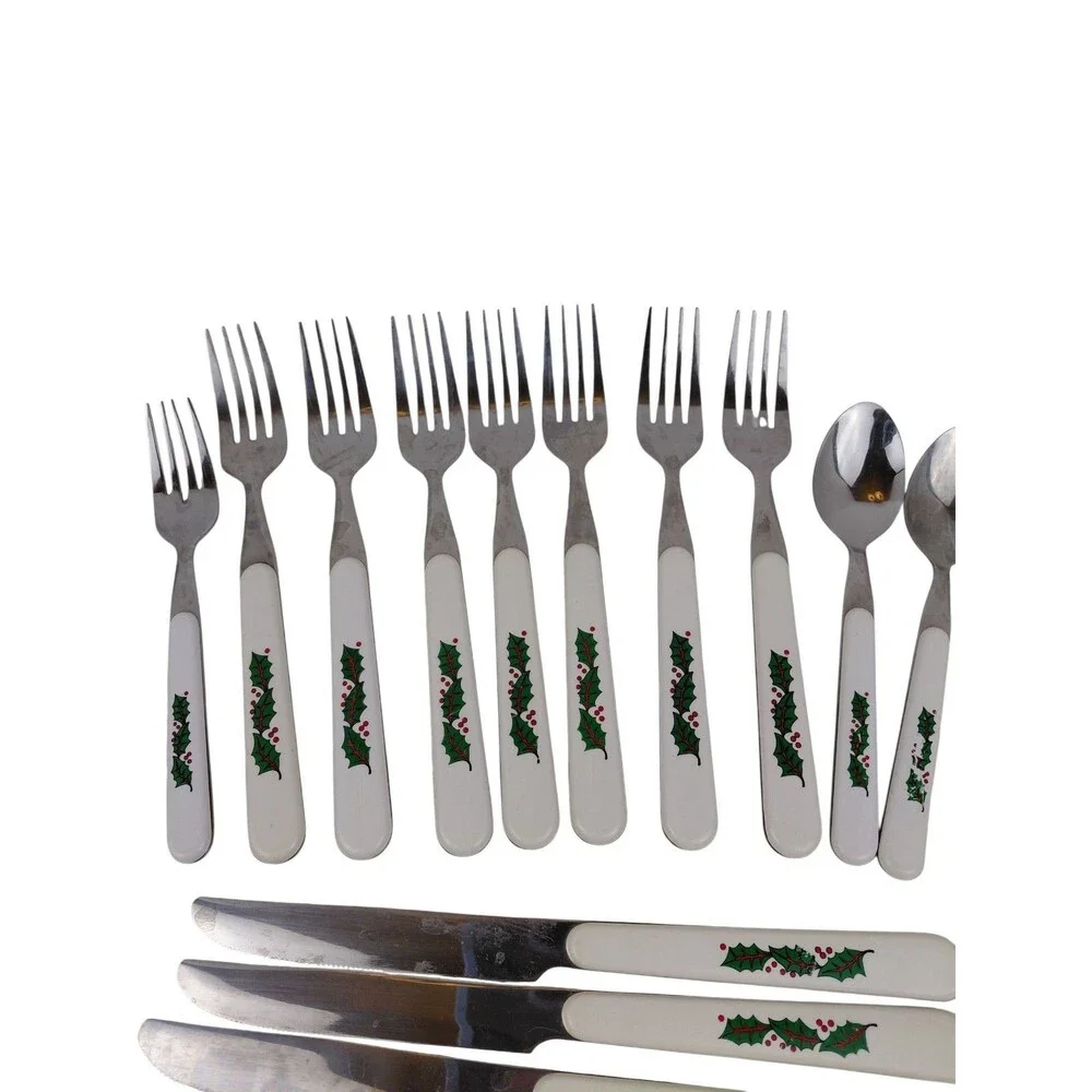 Vtg Stainless Silverware Flatware Plastic Christmas Holly Leaves Berries  Pcs